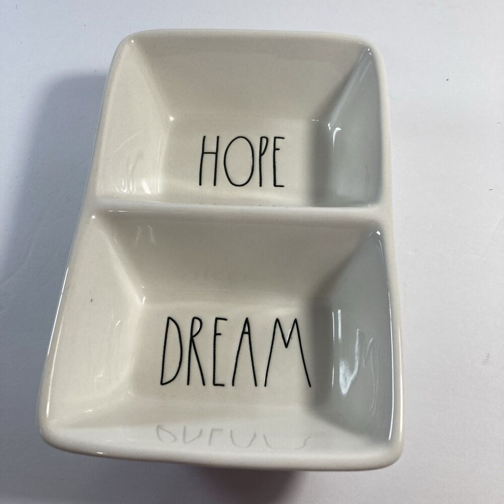 Rae Dunn By Magenta "Hope/DREAM" Ivory Divided Decorative Serving Dish/Dip 8in